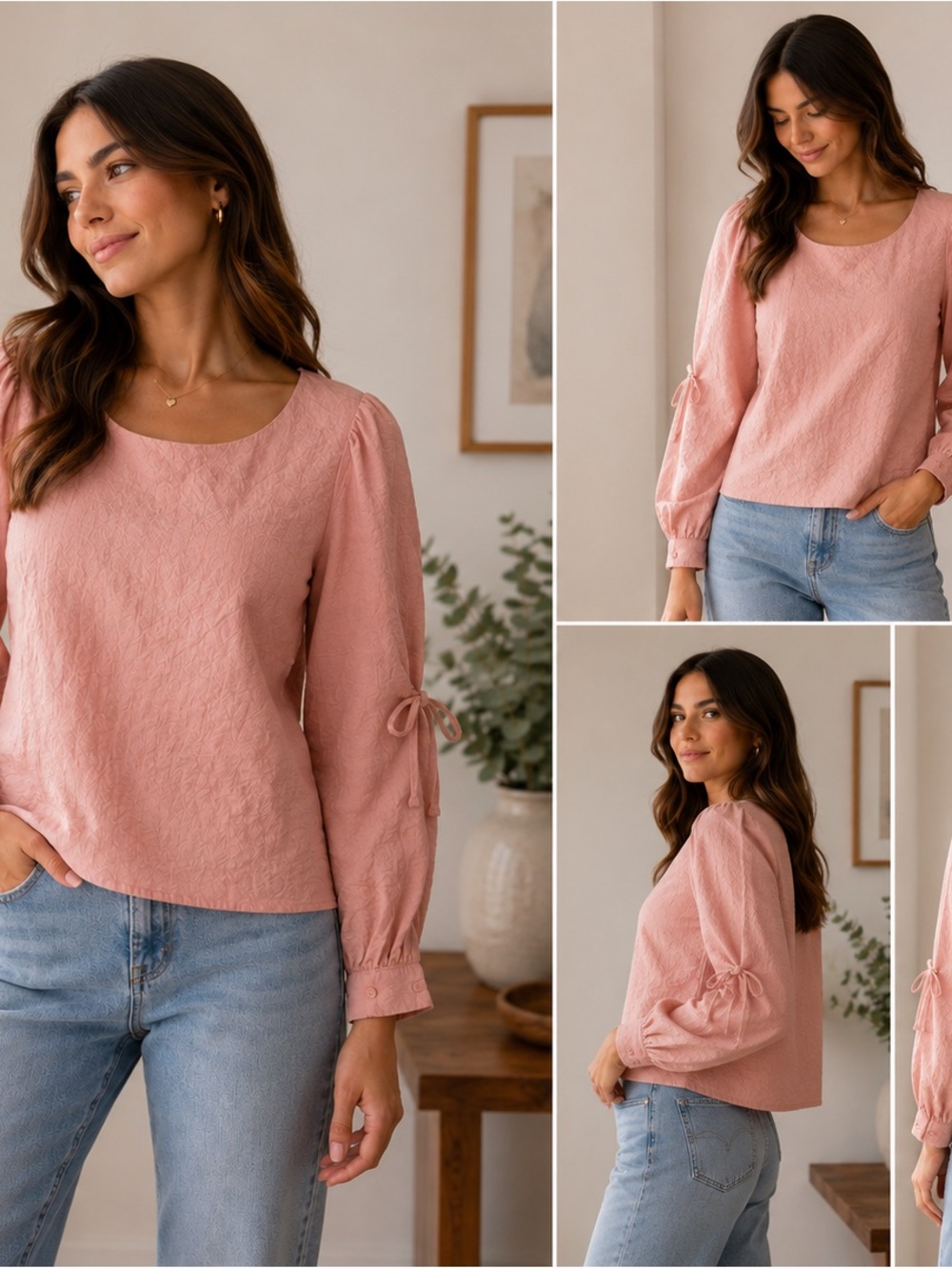 Women's Textured Tie-Sleeve Blouse in Blush Pink